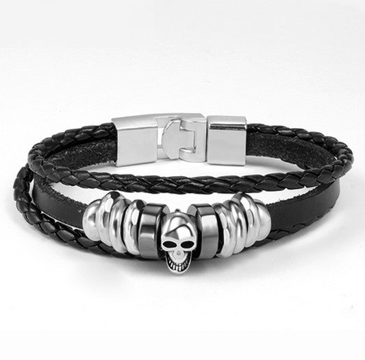 Real Leather Braided Stainless Steel Skull Bracelet - FREE Shipping