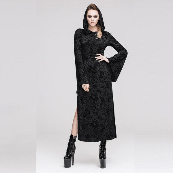 Black Rose Patterned Hooded Dress- FREE Shipping