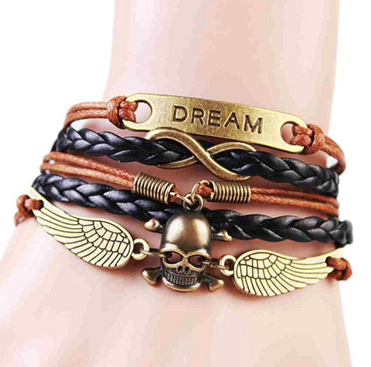 Leather Winged Skull Dream Infinity Bracelet - FREE Shipping