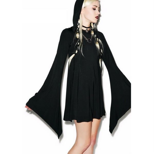 Hooded Flared Sleeve Wiccan Style Dress - FREE Shipping
