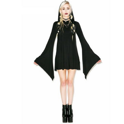 Hooded Flared Sleeve Wiccan Style Dress - FREE Shipping