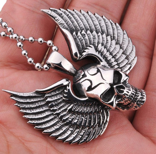 Surgical Grade Stainless Steel Winged Skull Pendant - FREE Shipping