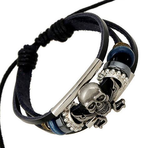 Vintage Style Black Leather Skull & Crossed Swords Bracelet-FREE Shipping