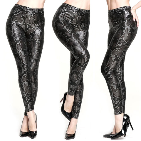 Black and Silver Faux Leather Snakeskin Print Leggings