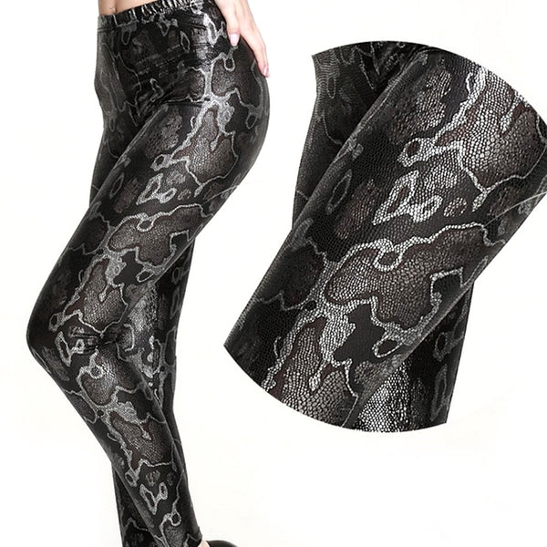 Black and Silver Faux Leather Snakeskin Print Leggings